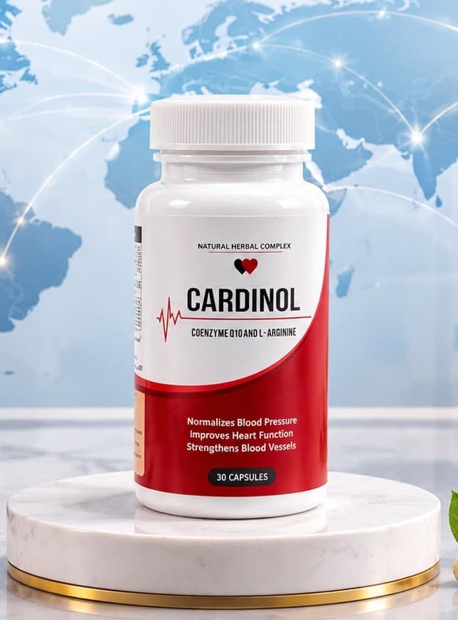 Bottle of Cardinol natural herbal complex with 30 capsules, standing on a marble pedestal